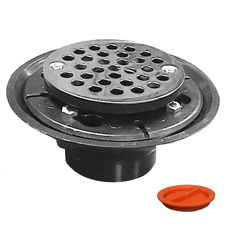 Jones Stephens 2inX3in ABS Shower Drain with 2in ABS Spud and 4in Round SS Strainer with Test Plug D50301TP